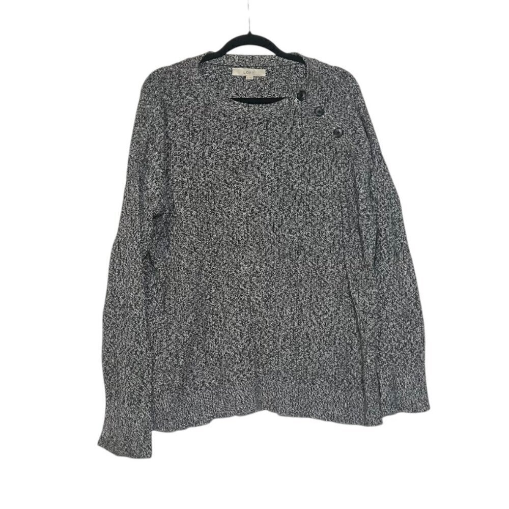 Loft Heather Gray and Black Speckled Sweater Button Sleeve Cozy Size XL